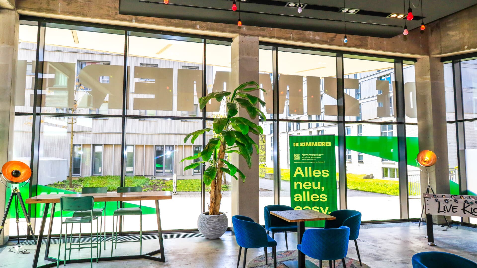 Innenraum eines modernen Büros mit großen Fenstern, grünen Stühlen, einem runden Teppich und einem großen Pflanzenkübel